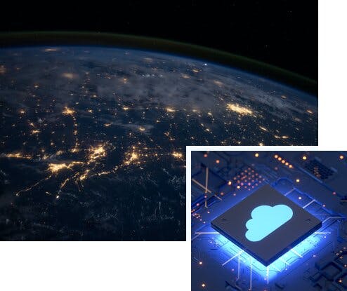 Image of earth in the dark and image of chip labeled cloud