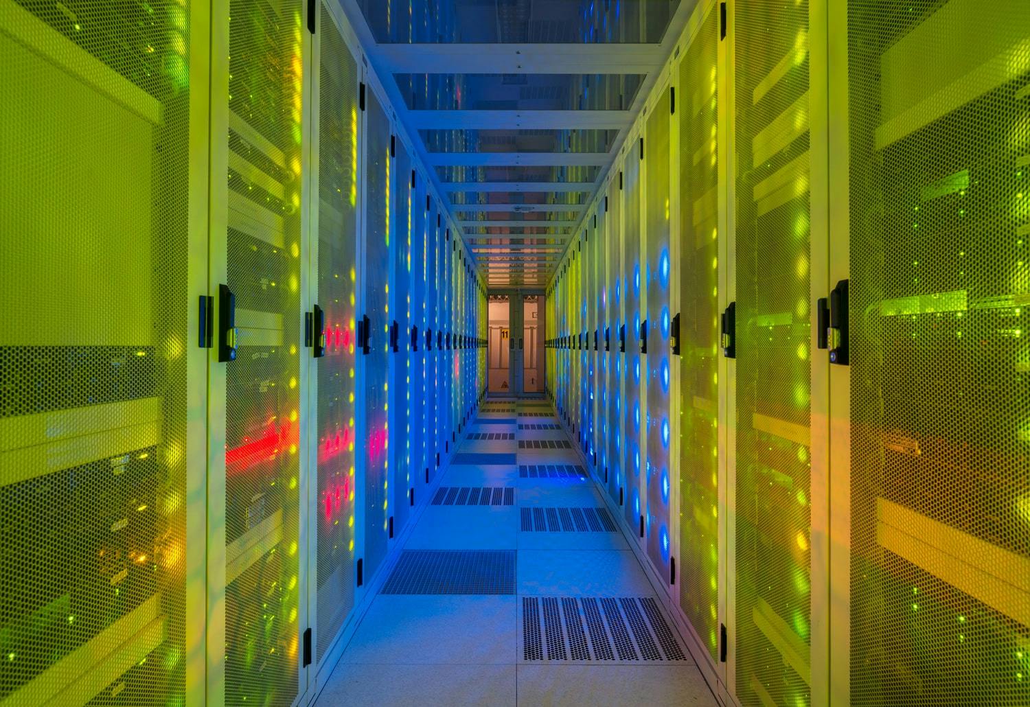 Data center with blue yello and green lights